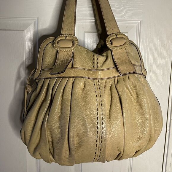 Cole Haan leather beige pleated Satchel with brown stitching accents - Picture 1 of 13
